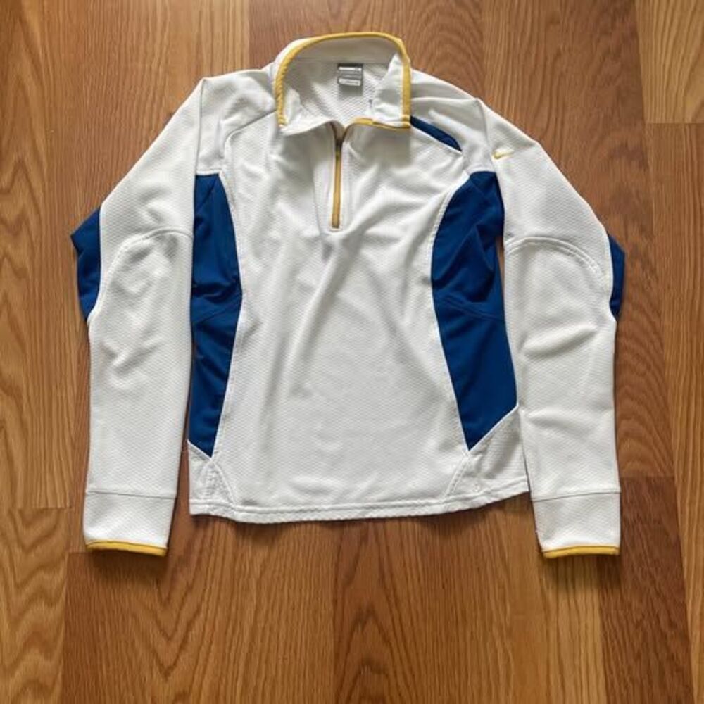 Nike Womens Shirt Long Sleeve White Blue Quarter Zip Waffle Knit Thumbholes Medi